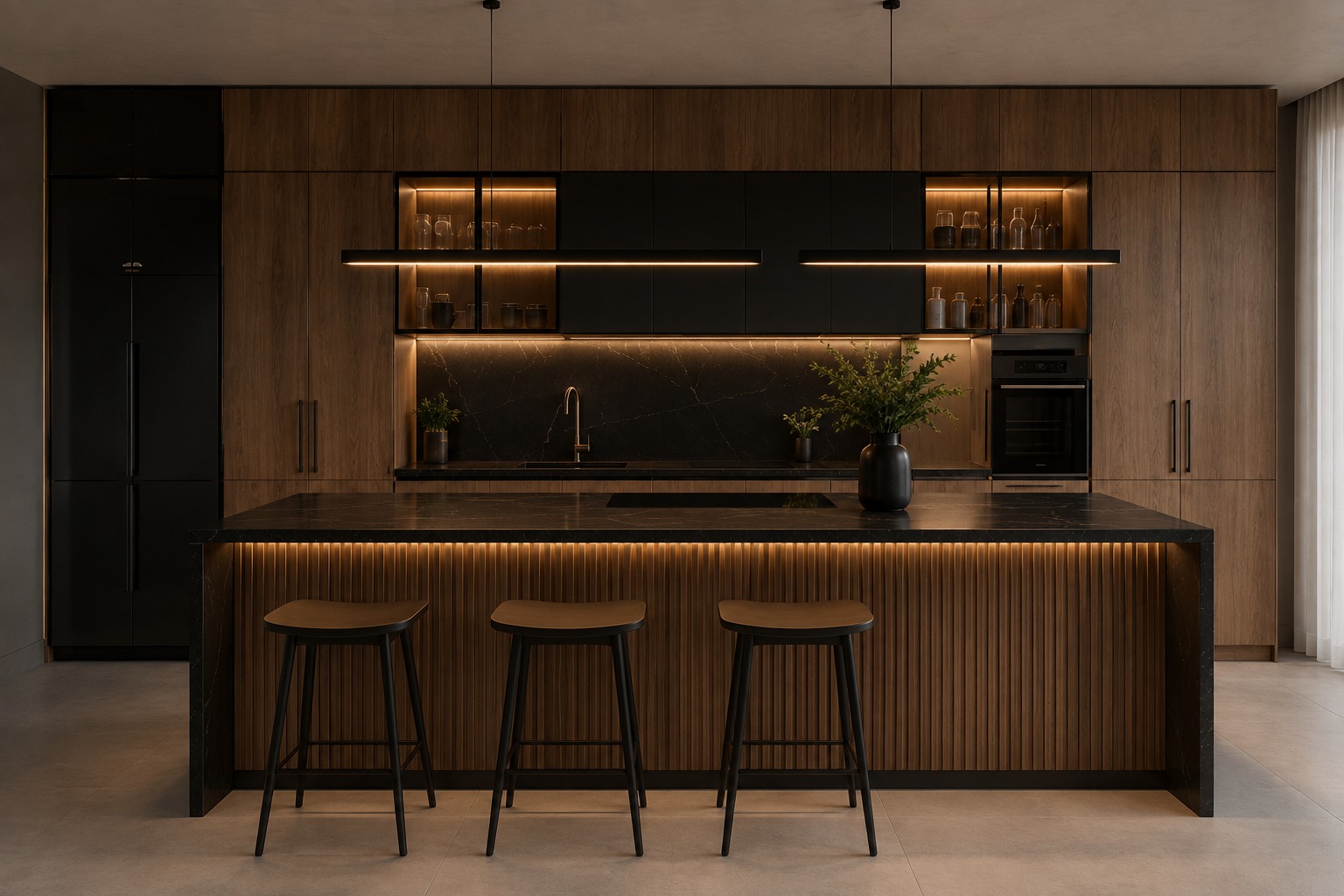 Cocina a medida en madera y negro con isla de mármol